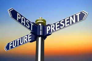 A three way sign that says "past", "present", and "future". All going in different directions