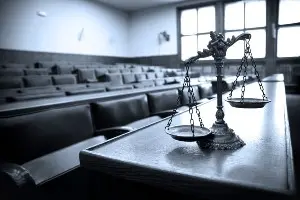 The scales of justice on a table inside of a courtroom