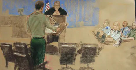 Court sketch of an attorney speaking before a judge in a courtroom